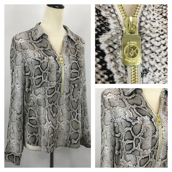 MICHAEL KORS Taupe Black White Snake Print Logo Zip Blouse Shirt - Picture 1 of 11